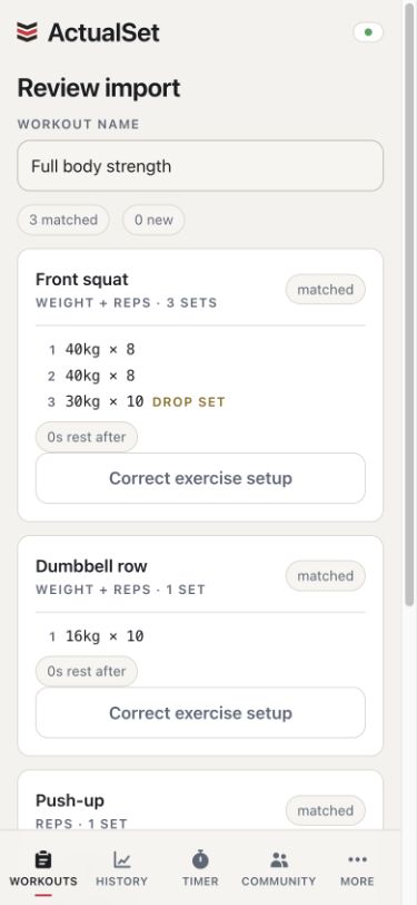 ActualSet import review showing a workout name, planned sets and exercise setup controls