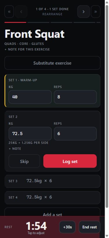 ActualSet live workout screen logging a Front Squat set